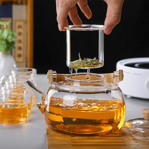 YUEMING Glass Teapot with Infuser, 1000ml Teapot with Glass Strainer for Loose Tea, Heat Resistant Borosilicate Glass Teapot with Removable Infuser, Tea Kettle Safe On Stovetop
