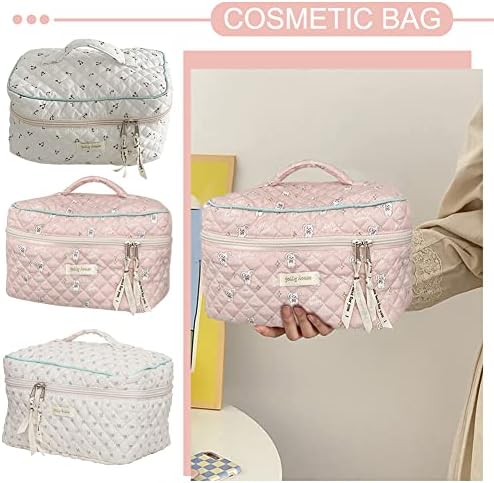 Juoxeepy Cotton Makeup Bag Large Travel Cosmetic Bag Quilted Cosmetic Pouch Coquette Aesthetic Floral Toiletry Bag, A-White, 10x5.9x5.3in