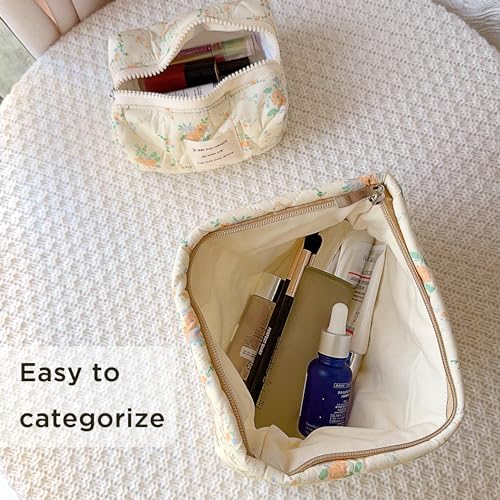 Sminra Floral Makeup Bag Large Cotton Quilted Cosmetic Makeup Bag Organizer, Aesthetic Portable Pouch Purse Toiletry Bag for Women Girls Travel accessories(Blue Floral-L)