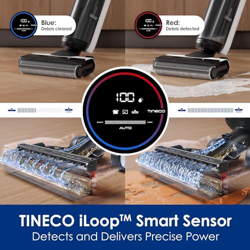 Tineco Floor One S5 Wet and Dry Cordless Vacuum Cleaner and Mop with Edge cleaning, 220w suction with iLoop Smart Sensor Technology and screen, Streak-Free and Self Cleaning Dual Tank Feature