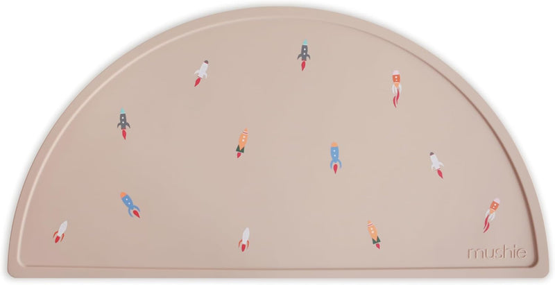 Silicone Placemat for Baby Food - Non-Slip Mat with Classic Patterns, BPA-Free, Easy-Clean Dishwasher Safe Dining Mat for Toddlers - Black Daisy - Rocket Ship