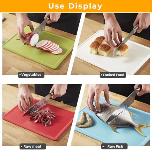 AMERTEER Cutting Board Set, Chopping Board Kitchen with Non-Slip Base & Food Indicators, 4-PCS Silicone Thick Cutting Mats with Storage Stand, Perfect for Fruits & Vegetables, Home and Everyday use