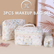 xiaochen 3PCS Makeup Bag Set,Cotton Quilted Makeup Bag,Floral Large Travel Cosmetic Bag,Flower Travel Toiletry Bag, Cute Aesthetic Toiletry Bag for Women Girls