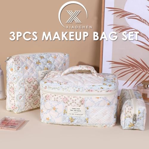 xiaochen 3PCS Makeup Bag Set,Cotton Quilted Makeup Bag,Floral Large Travel Cosmetic Bag,Flower Travel Toiletry Bag, Cute Aesthetic Toiletry Bag for Women Girls