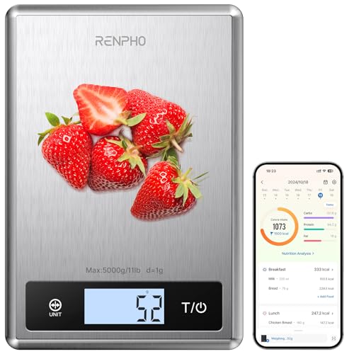 RENPHO Smart Food Scale, Digital Kitchen Scale for Food Ounces and Grams, Coffee Weight Scale with Nutritional Calculator APP for Keto, Macro, Calorie, Weight Loss, Precise Graduation, Stainless Steel