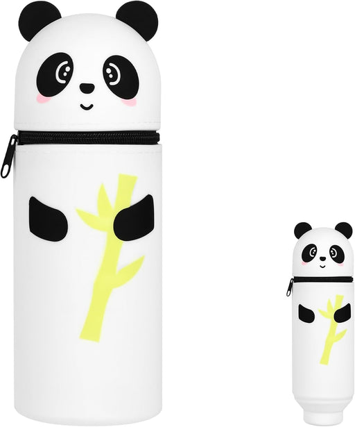 BIGTHREE Silicone Telescopic Pencil Case, 2-in-1 Soft Silicone Pencil Case, Cute Pattern Pencil Case, Stand Pen Holder Pouch, with Zipper, Retractable Kawaii Big Capacity for Teenage (Panda)