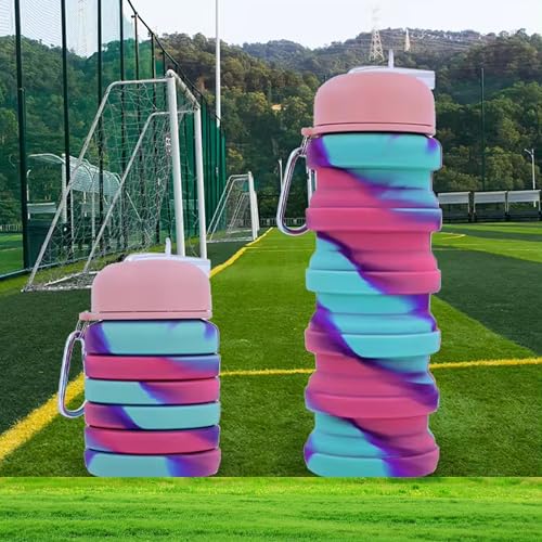 ROLL RIDE FUN Silicone Collapsible Water Bottles, 500ml Portable Foldable Expandable Water Bottle Sports Cups with Carabiner, Leak Proof Reusable BPA Free, for Outdoor Activities Travel (Teal Pink)