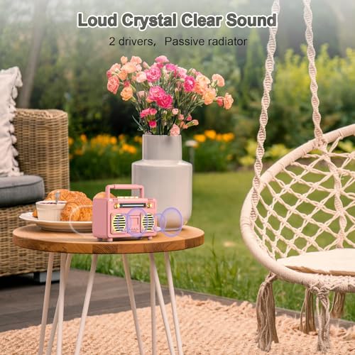 Azonee Mini Retro Bluetooth Speaker, Portable Bluetooth Stereo Speaker, Small Vintage Wireless Speaker Support TF Card - USB, for Travel, Home, Beach, Kitchen for Android/iOS Devices (Pink)