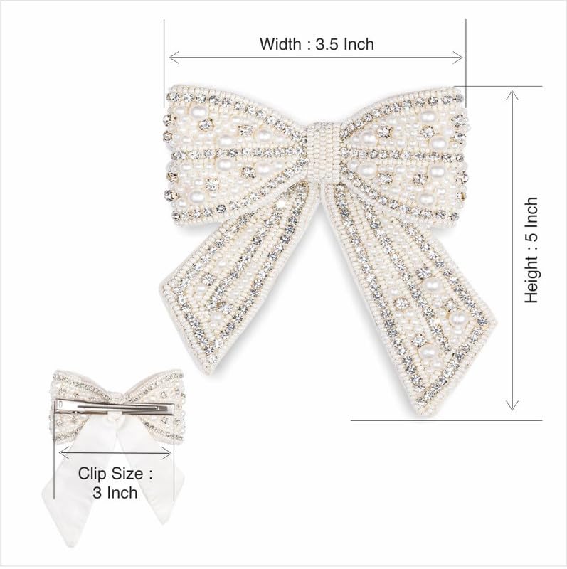 Hair Drama Co. Silver Embellished Crystal Hair Bow Clip With Pearls | Long Tail Hair Bow Barrette Clip | Alligator Hair Barrette for Bride Wedding