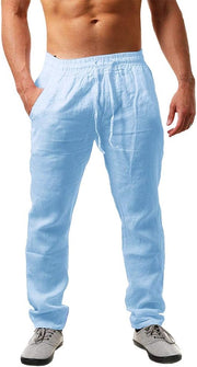 Mens Linen Pants Casual Loose Lightweight Drawstring Elastic Waist Summer Yoga Beach Trousers - 01-blue