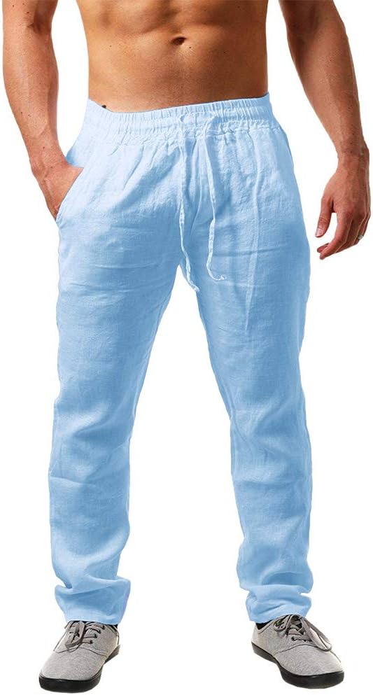 Mens Linen Pants Casual Loose Lightweight Drawstring Elastic Waist Summer Yoga Beach Trousers - 01-blue