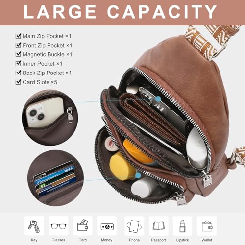 BIGTHREE Small Sling Bag for Women, Leather Fanny Pack Crossbody Bags for Women and Men, Chest Bag With Guitar Strap, PU Leather Crossbody Bags, Crossbody Fanny Pack Sling Bag for Hiking Running