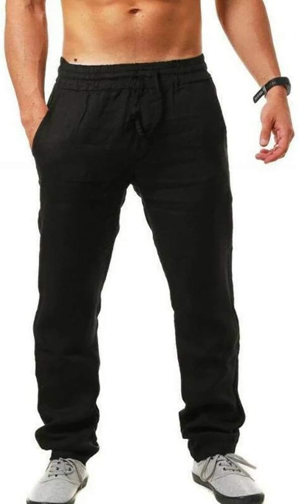 Men's Linen Pants Casual Long Pants - Loose Lightweight Drawstring Yoga Beach Trousers Casual Trousers - 6 Colors - Black