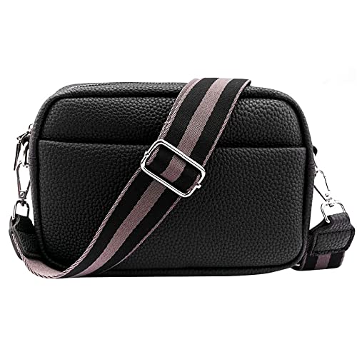 Efilra Crossbody Bag for Women, Small Leather Camera Purse Thick Strap Cross-body Bags, Triple Zip Shoulder Bag with Guitar Strap, B-black, Camera Crossbody Bag