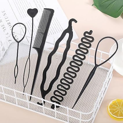 Premify 6 Pcs Terry Tool Set, Hair Styling Accessories Kit for Women & Girls, Bun Maker French Braiding tools For Making DIY Hair Fashion Styles, Hair Braiders for Twist Ponytail Maker (Black)