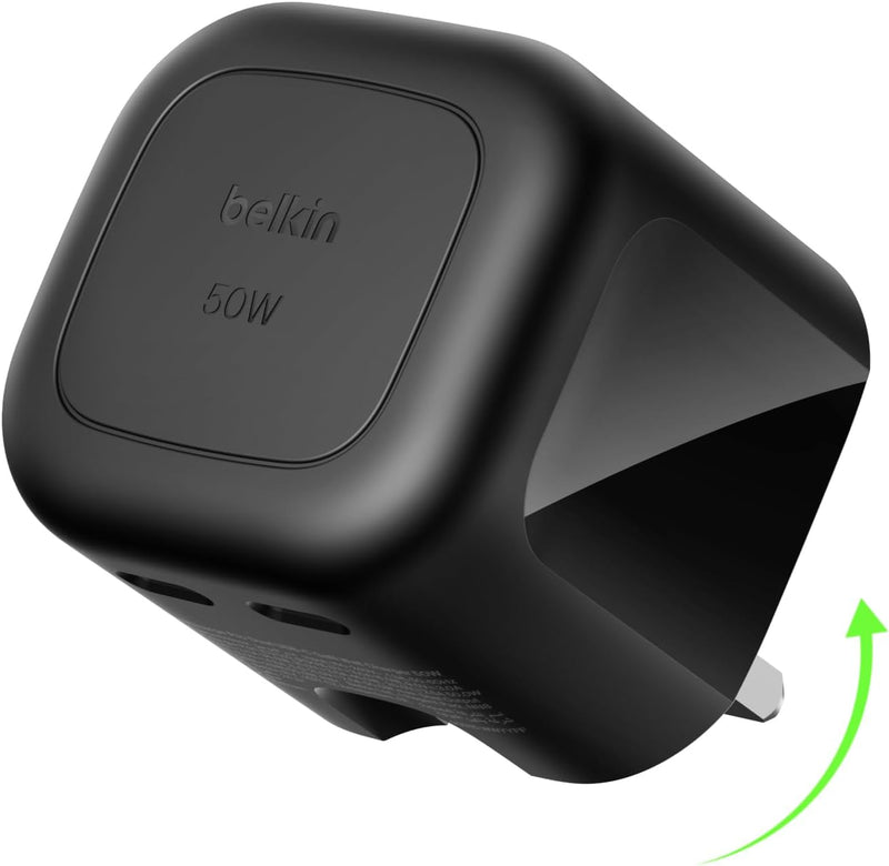 Belkin 2-Port USB-C Plug 50W, Dual-Port GaN Charger with 2x USB C Ports, Fast Charging for MacBook, iPhone 17, iPad Pro, Chromebook, Galaxy S25 Ultra, Pixel 10, etc. - Travel Essentials - Black - Black
