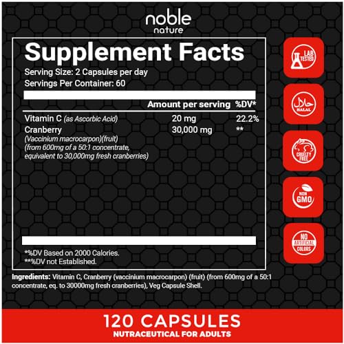 Noble Nature Cranberry Concentrate Extract + Vitamin C | 30,000mg | 120 Capsules | Triple Strength Ultimate Potency Formula | Urinary Tract Health Cranberry Pills Supplement