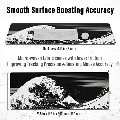 Ovenbird Extended Gaming Computer Mouse Pad, Large Black Mouse Pad for Desk, Cute Anime Japanese Great Wave Desk Pad for Keyboard and Mouse, Black, 31.5 x 11.8 x 0.12 inches
