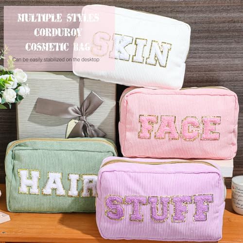 Pinkunn 4 Pcs Preppy Makeup Bags Christmas Chenille Letter Bag Face Skin Hair Stuff Cosmetic Bag Corduroy Makeup Pouch with Zipper Birthday Gifts for Women(Purple, Pink, White, Blue,Corduroy)