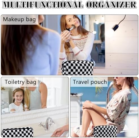 ZLFSRQ 3Pcs Checkered Makeup Bag for Women Large Cosmetic Bag Set Travel Toiletry Bag Makeup Pouch Bag for Purse Pink Zipper Storage Bag Organizer Cute Small Aesthetic Girls Car Essentials Bag
