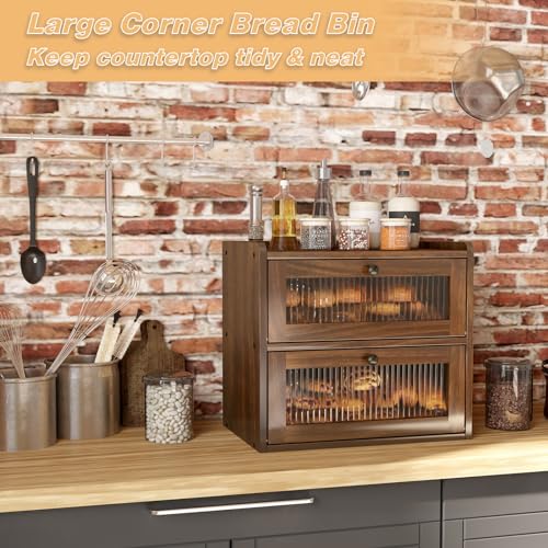 Alpeir Double Layer Large Bread Box for Kitchen Counter, Wooden Corner Bread Storage Container with Acrylic Window, Retro Brown