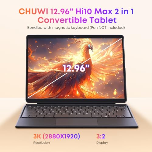 CHUWI Hi10 Max 2 in 1 Windows Tablet 12.96", Intel N100(3.4GHz), 12GB LPDDR5 512GB SSD, Windows 11 Tablet with Backlit Keyboard, FHD IPS 2880 * 1920 Touchscreen, WiFi 6, BT 5.2, HDMI, USB 3.2