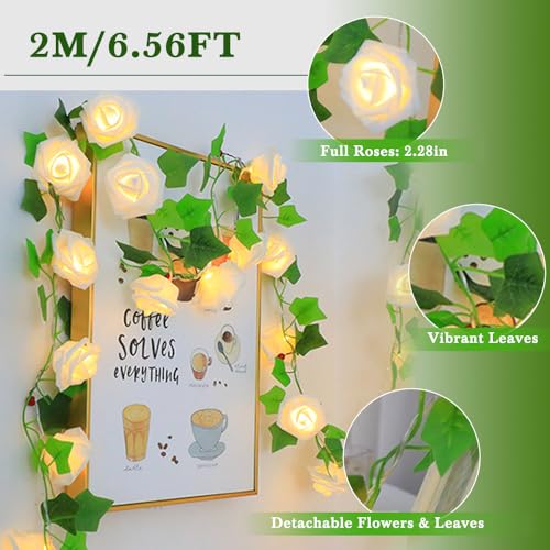 Wolii LED Rose Flower String Lights, Artificial Flower with LED Copper Light String for Marriage Proposal Wedding Birthday Party Christmas Valentine Indoor and Outdoor Decoration(White Rose)