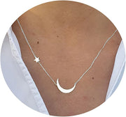 Diamond Solitaire Pendant Necklace for Women Dainty 14K Gold Plated Tiny CZ Diamond Choker Necklace Layered Cubic Zirconia Moon Round Dot Necklaces Wedding Bridesmaid Jewelry Gifts - Sideways Moon+Star-Silver