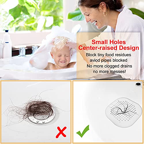 Bovinde Hair Drain Catcher,Square Drain Cover for Shower Silicone Hair Stopper with Suction Cup,Easy to Install Suit for Bathroom,Bathtub,Kitchen 2 Pack (White)