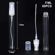 50 Pcs Mini Perfume Sample Bottle 5ml Clear Spray Bottle Empty Glass Fine Mist Refillable Dispensing Bottles Atomizer Portable Small Travel Containers for Essential Oil Liquid Cosmetic Tool