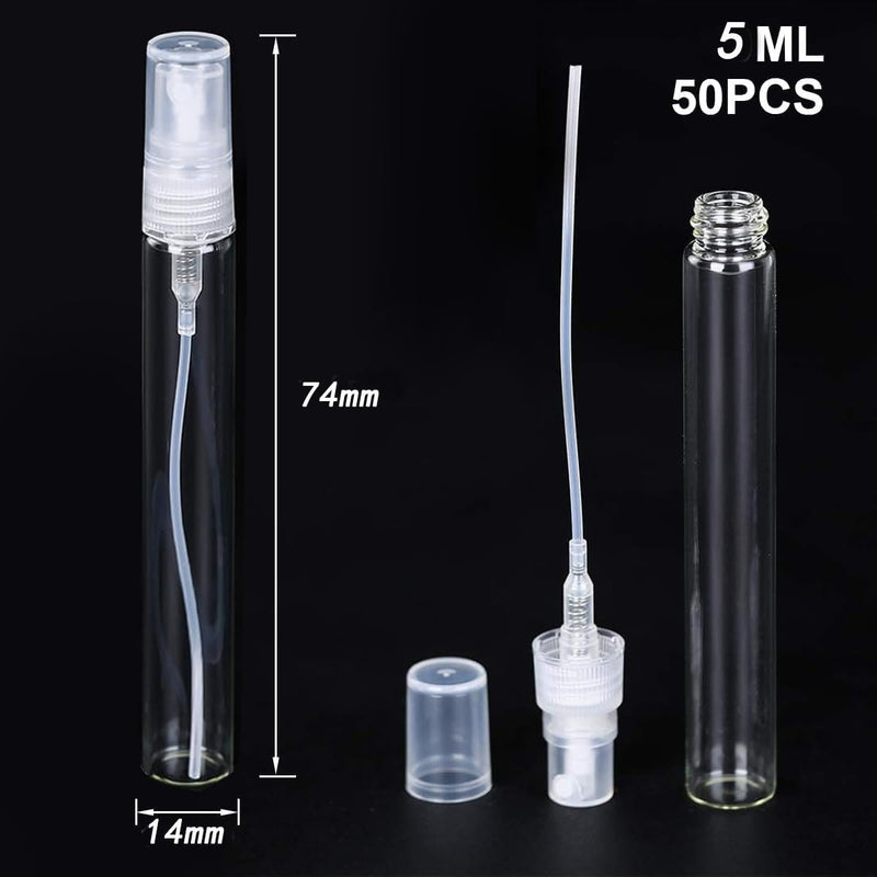 50 Pcs Mini Perfume Sample Bottle 5ml Clear Spray Bottle Empty Glass Fine Mist Refillable Dispensing Bottles Atomizer Portable Small Travel Containers for Essential Oil Liquid Cosmetic Tool
