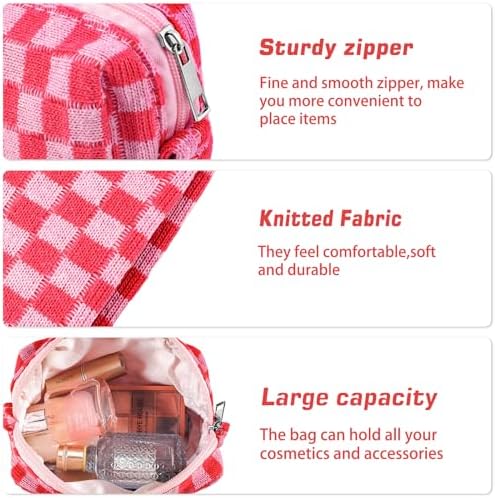 ZLFSRQ 3Pcs Checkered Makeup Bag for Women Large Cosmetic Bag Set Travel Toiletry Bag Makeup Pouch Bag for Purse Pink Zipper Storage Bag Organizer Cute Small Aesthetic Girls Car Essentials Bag