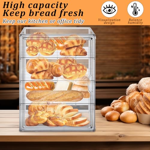YEXEXINM 4 Layers Adjustable Clear Bread Storage Box for Kitchen Countertop,Large Bread Storage Container, 4 Layers Acrylic Pastry Display Case, Clear Boxes Bread Holder for Bread, Bagel, Muffins