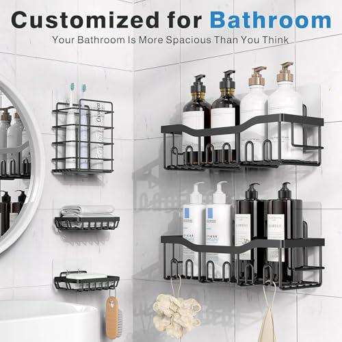 ZHUHAIRY 5 Pack Black Bathroom Organizer, Modern Stainless Steel Shower Wall Caddy, Corner Shelves for Shower Bathroom Storage, 20 KG Weight Capacity