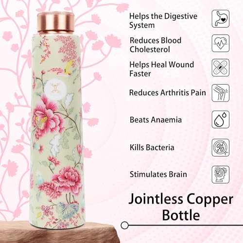 MERCAPE® - 100% Pure Joint Less Copper Bottles for Water with Leak Proof Lid | Ayurveda BPA Free & Non Toxic | Ayurvedic Office | Flower Print Bottle | Hiking Treking Bottle - 900ml
