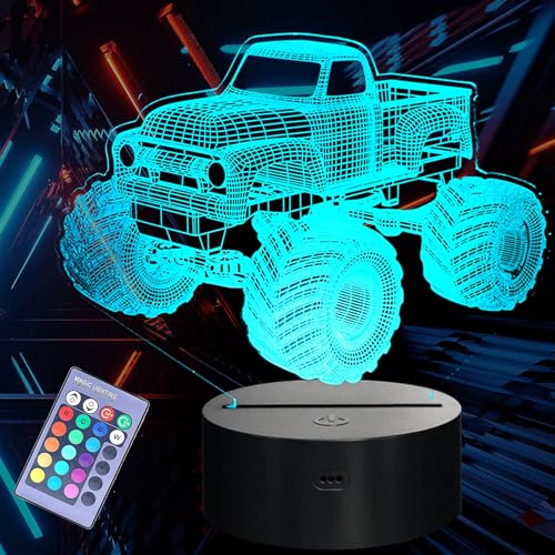 NALACAL Monster Truck 3D Illusion Night Light - Remote-Controlled 16 Color LED Lamp with Timer & Dimmer - Ideal Gift for Kids and Truck Enthusiasts for Christmas and Birthdays