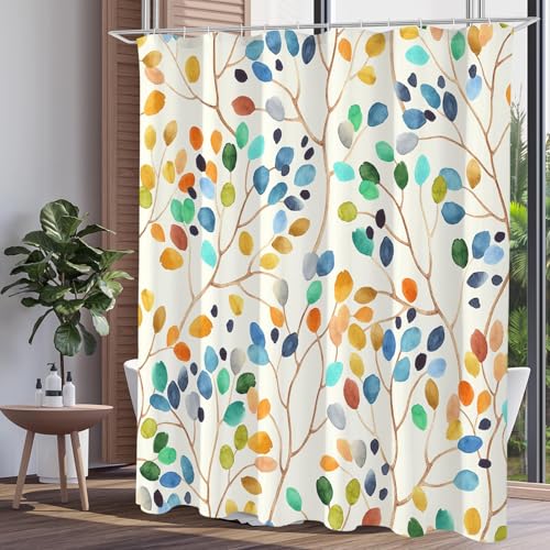 Tazweeq Floral Shower Curtain for Bathroom, Colorful Leaves Fabric Shower Curtain, Abstract Watercolor Painting Cute Botanical Decorative Shower Curtain Set with Hooks (180×180cm)