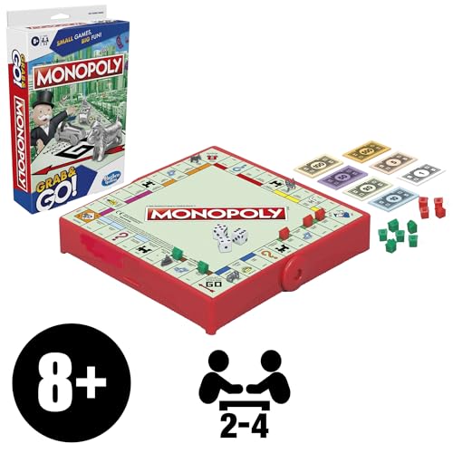 Monopoly Grab and Go Game for Kids Ages 8 and Up, Portable Game for 2-4 Players, Travel Game for Kids
