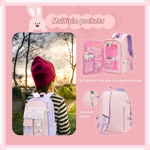 Excefore Bunny Backpack for Girls, Cute Kids Bookbag for Elementary School Teens, Kawaii Preschool Outdoor Daypack, Kids Backpack with Rabbit Dolls, Pink