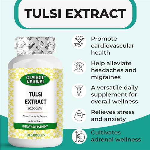 Oladole Natural Tulsi Extract - 20000mg (120 Capsules) | Improves Skin, Hair Health, Anti-Oxidant, Anti-Inflammatory, Remedy for Cold, Cough, Immunity Boost, Respiratory Health | Non-GMO, Gluten Free