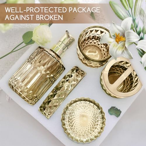 Decostatue Bathroom Accessories Set- 5 Pcs Modern Elegance with Soap Dispenser, Tumbler, Dish, Toothbrush Holder, Cotton Jar Countertop Vanity Organizer for Bathroom Set Glass- Golden
