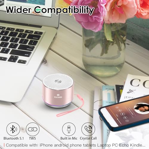 XLEADER Mini Bluetooth Shower Speaker, IPX6 Waterproof Speaker, with RGB Lights, Mic, Portable Silicone Lanyard, Suction Cup, Clear Sound&Rich Bass, 12h Playtime, Small Pink Gifts for Girls Women