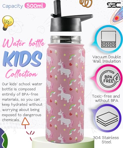 S2C Kids Water Bottle with Straw Lid – 550ml Stainless Steel, Double Wall Insulated, BPA-Free, Leak-Proof Bottle for School & Toddlers (PINK)