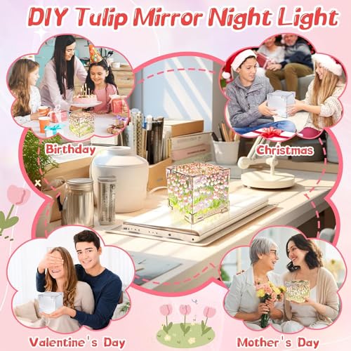 Excefore DIY Tulip Night Light, 21 Flowers Cloud Mirror Tulip Lamp, Infinity Mirror Lights, Light and Mirror 2 in 1 Portable LED Bedside Lamps, Flower Girl Gifts for Friends Couple Birthday