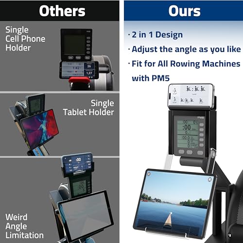 Phone & Tablet Holder Compatible with Concept 2 Rowing Machine & Skierg with PM5 Monitor, Rower Accessories, 2-in-1 Phone & Tablet Mount Stand for Model D&E and Rowerg, Patent Pending