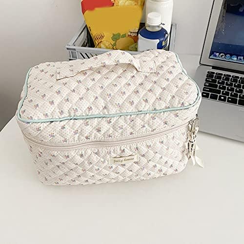 Juoxeepy Cotton Makeup Bag Large Travel Cosmetic Bag Quilted Cosmetic Pouch Coquette Aesthetic Floral Toiletry Bag, A-White, 10x5.9x5.3in
