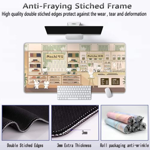 Adorable Kawaii Large Desk Mat Beige Anime Mouse Pad: XXL Extended Gaming Mousepad with Non-Slip Rubber Base, Cute Desk Accessory for Computer and Laptop, Ideal for Gaming and Office 31.5'' x 15.7''