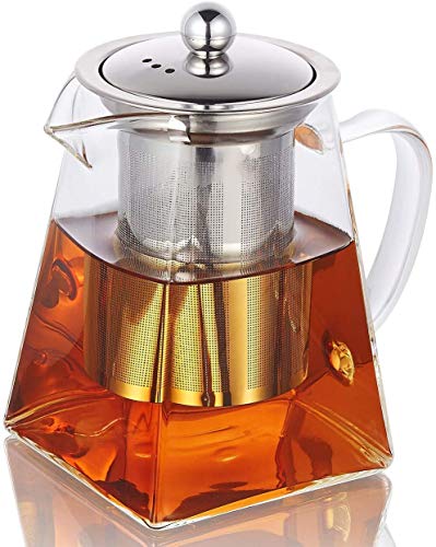 AZSCYN 550ML/18OZ Square Glass Teapot with Heat Resistant Stainless Steel Infuser Perfect for Tea and Coffee, Clear Leaf Teapot with Strainer Lid gift for your family or friends (550ML)