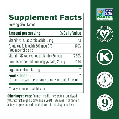 MegaFood Blood Builder - Vegan Iron Supplement Clinically Shown to Increase Iron Levels without Side Effects - Iron Supplement for Women with Vitamin C, Vitamin B12 and Folic Acid - 30 Tabs