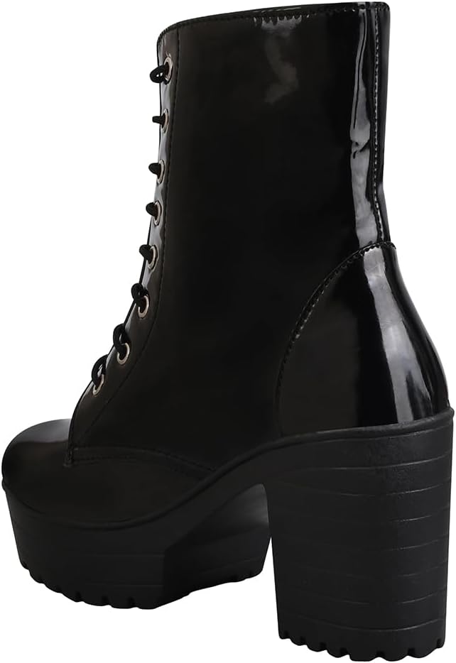 Women & Girls Lace Up Block Heeled Western Boots/Boot-07/Black/UK6-EU39